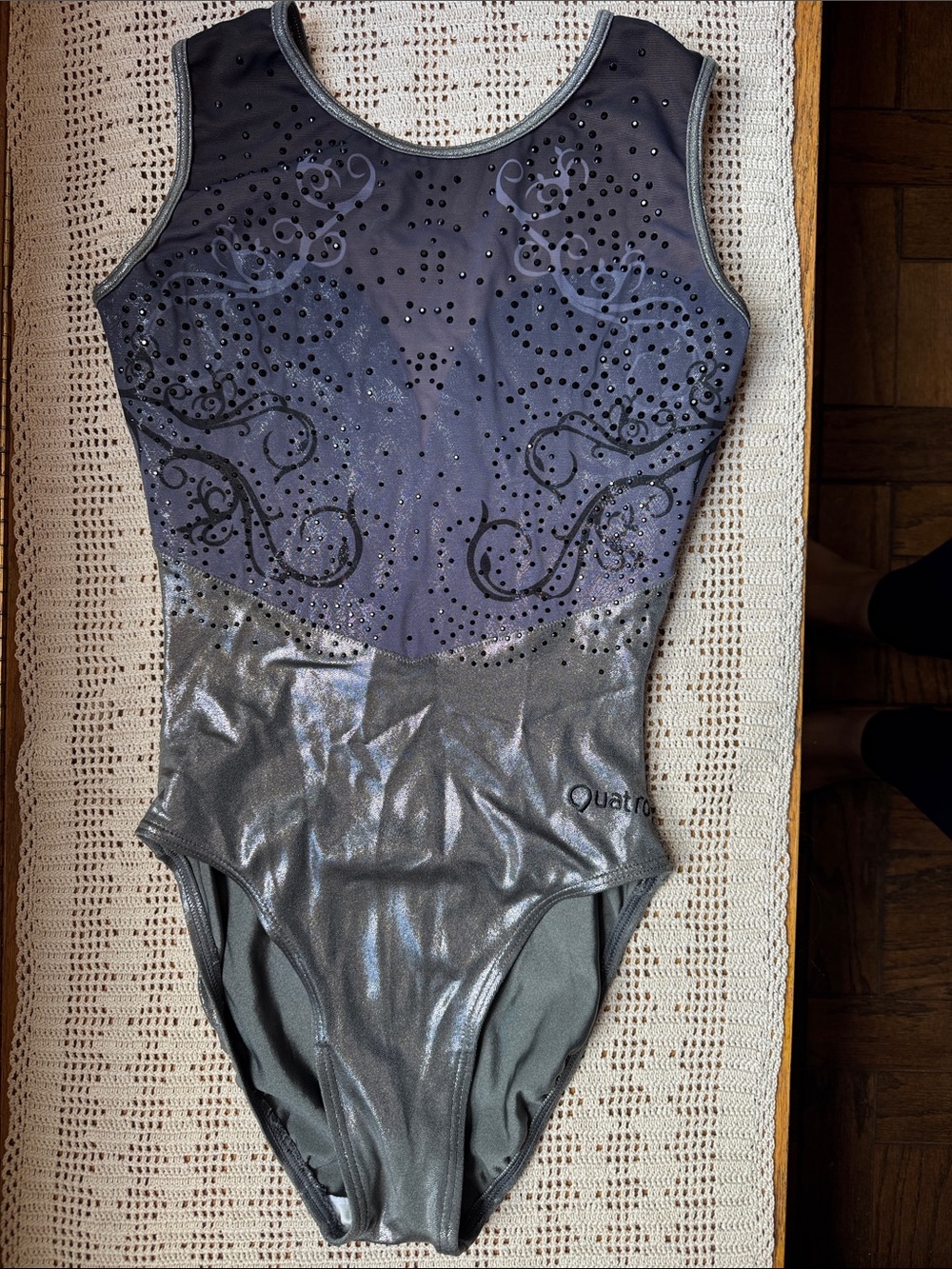 Girls' Metallic Silver & Charcoal Sparkle Gymnastics Leotard by